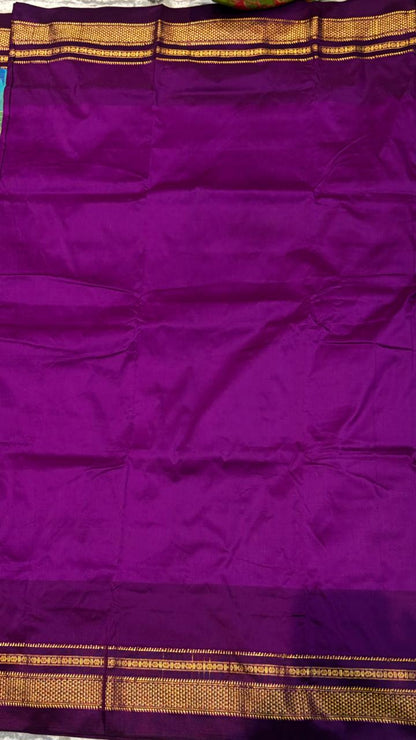 Olive Green Gadwal Silk Saree with Magenta Pink Pallu &amp; Silver Temple Border
