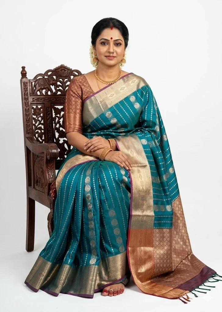 Elegant Teal Blue Dharmavaram Pattu Saree with Silver Zari Stripes and Copper Pallu - pochampallysarees.com