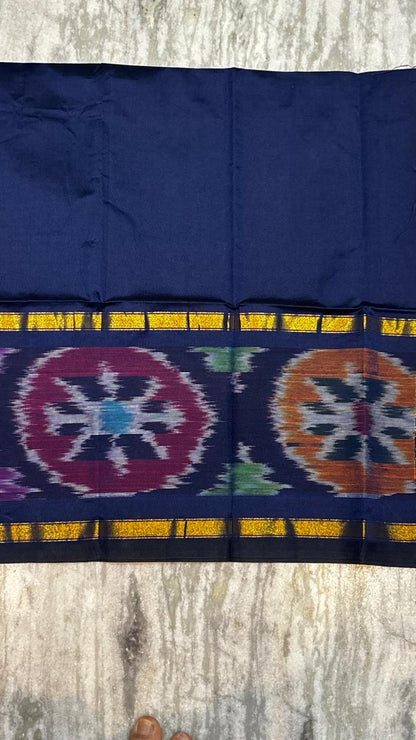 Navy Blue Handloom-Look Kurta Set with Ikat Border, Green Pants &amp; Dupatta (Set of 3)