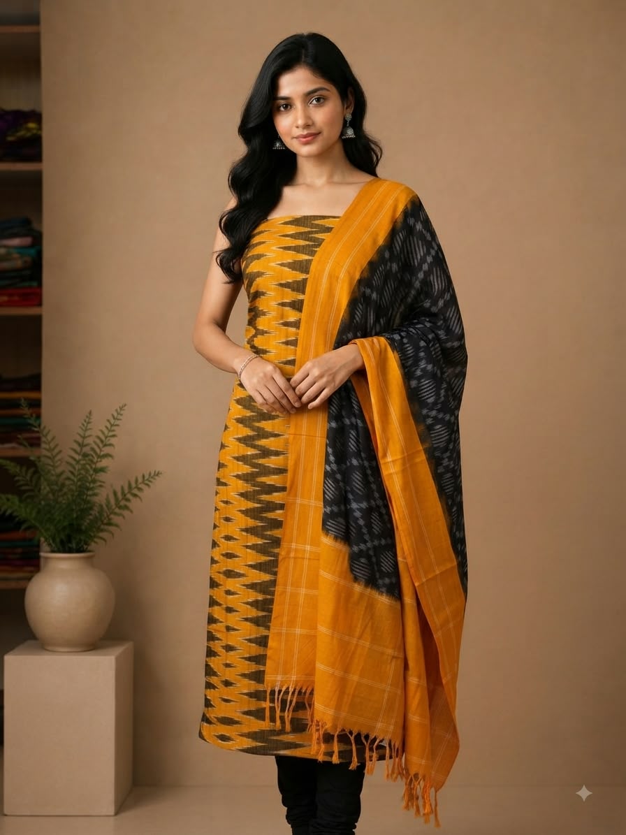 Mustard Yellow &amp; Charcoal Black Handloom Double Ikkat Cotton Dress Material Set