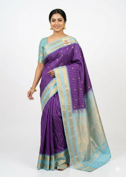 Pure Gadwal Silk Saree in Lavender with Light Blue Border - pochampallysarees.com