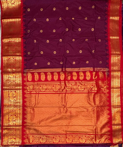 Gadwal Silk Saree in Chocolate Brown with Red and Gold Zari Border
