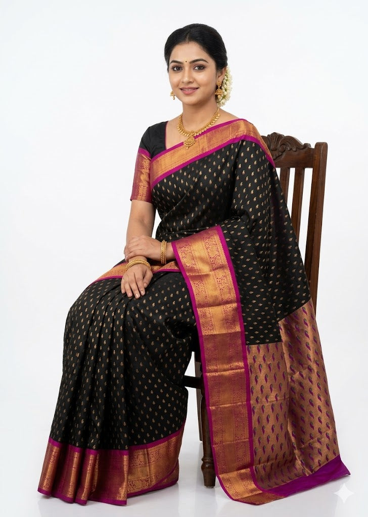 Elegant Black and Magenta Silk Saree with Rich Zari Work