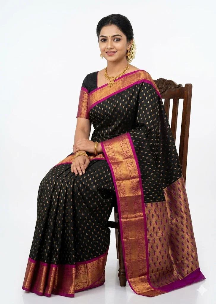 Elegant Black and Magenta Silk Saree with Rich Zari Work - pochampallysarees.com