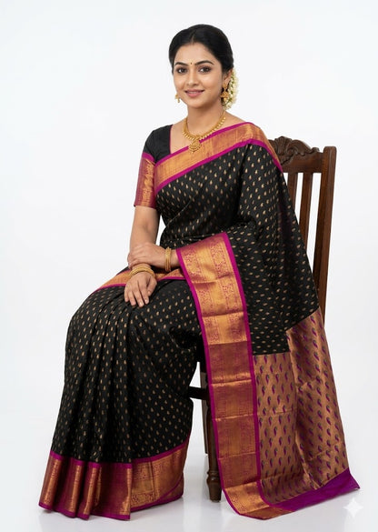 Elegant Black and Magenta Silk Saree with Rich Zari Work