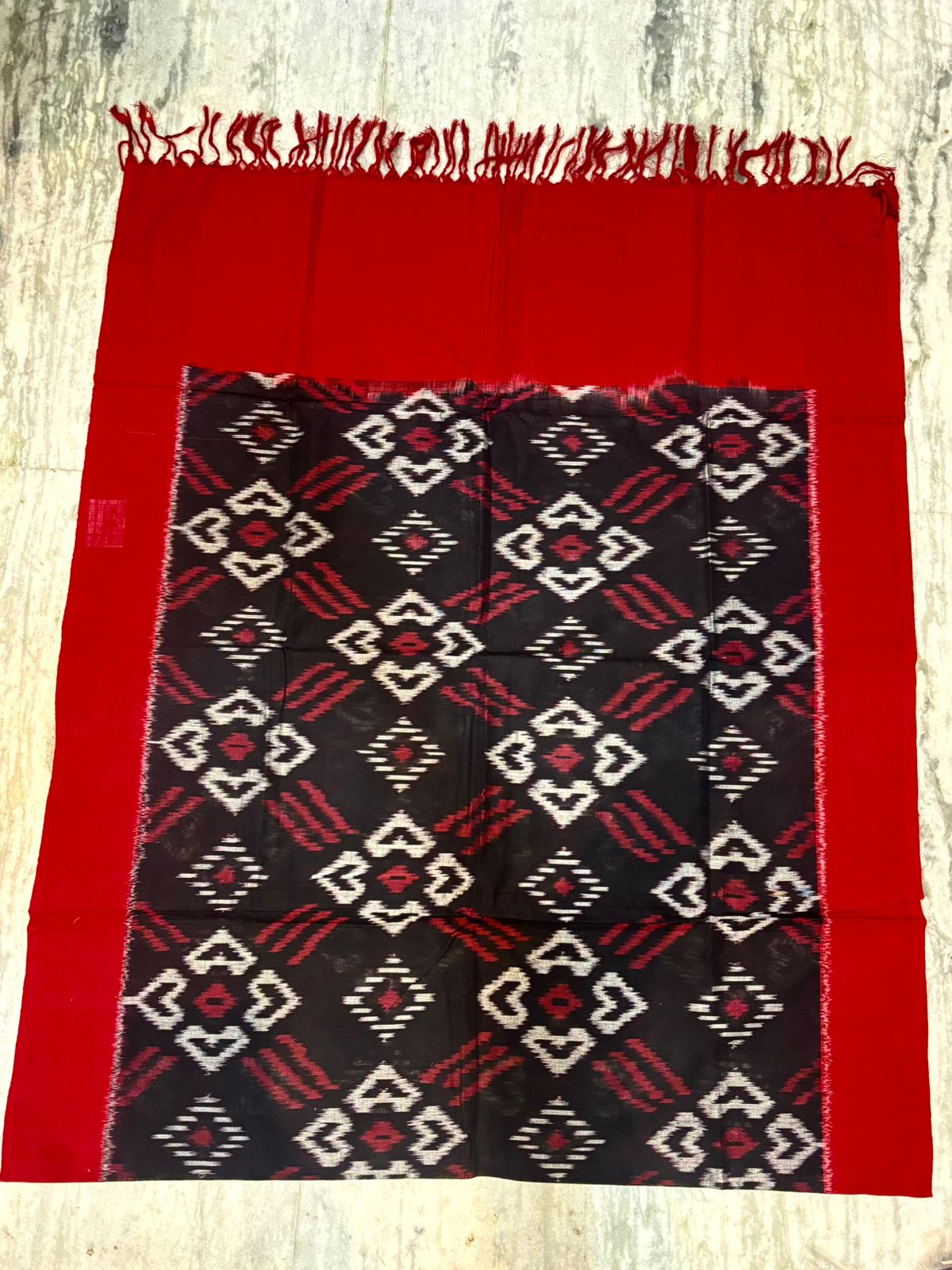 POCHAMPALLY IKAT COTTON BLACK WITH RED COLOR DRESS MATERIAL - C9