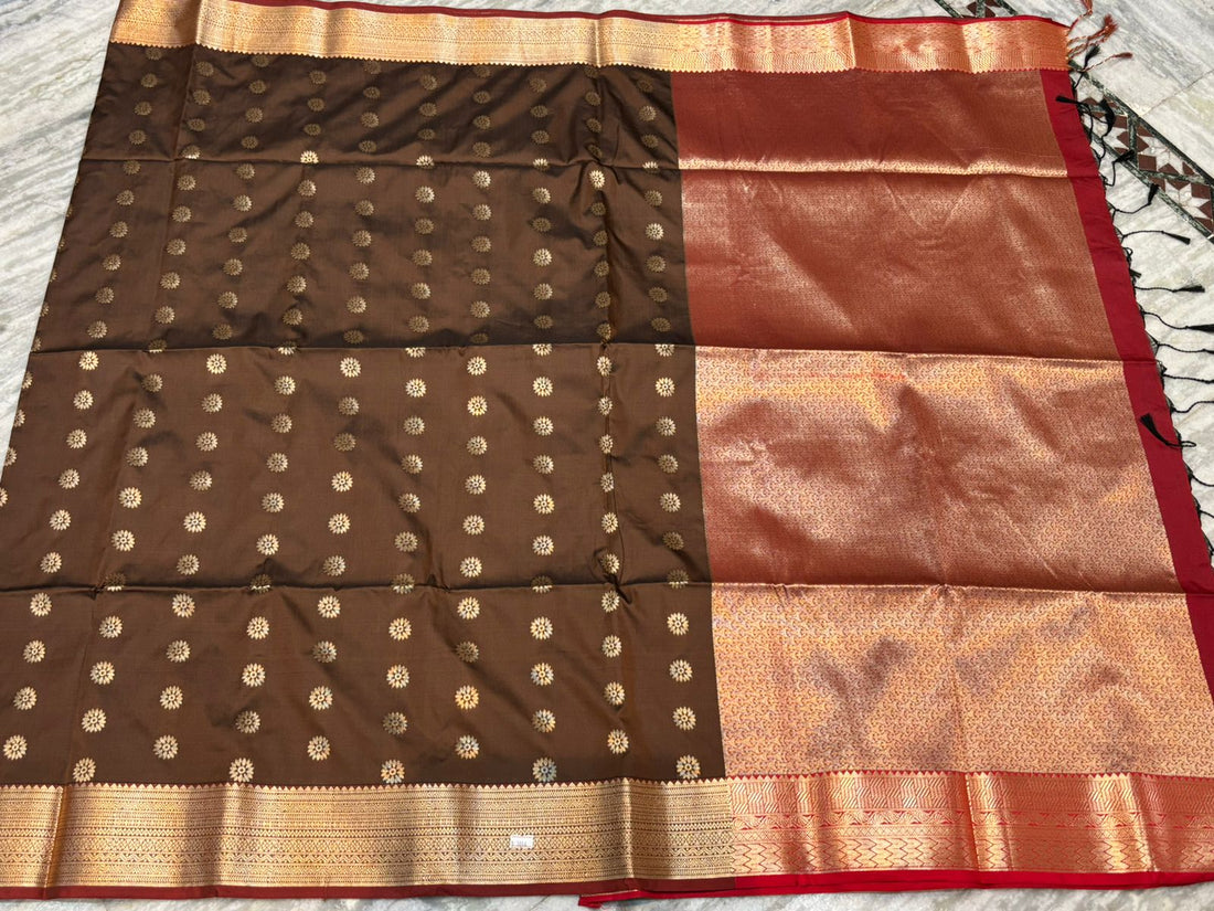 Pure Dharmavaram Silk Saree - Elegant Chocolate Brown with Rich Red Brocade Pallu - pochampallysarees.com