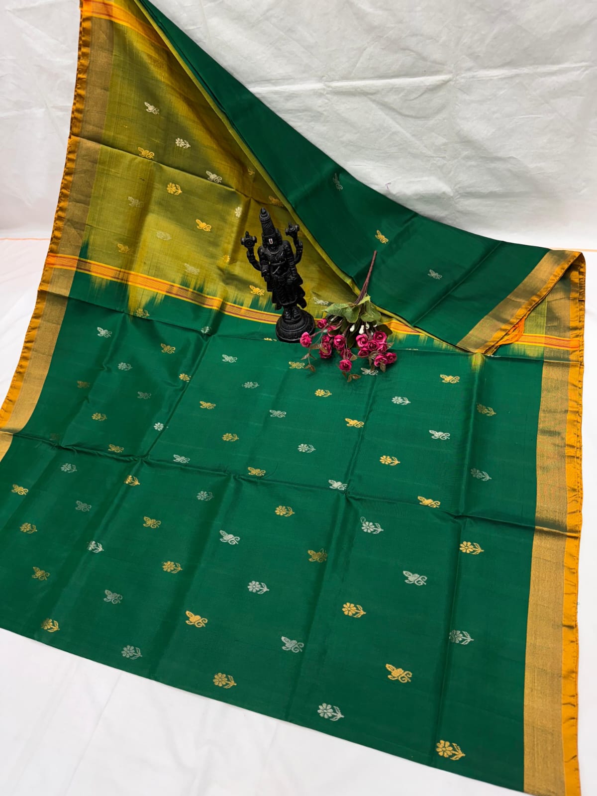 Dark Green and Olive Mustard Uppada Pattu Silk Saree with Gold and Silver Zari Buttas - pochampallysarees.com