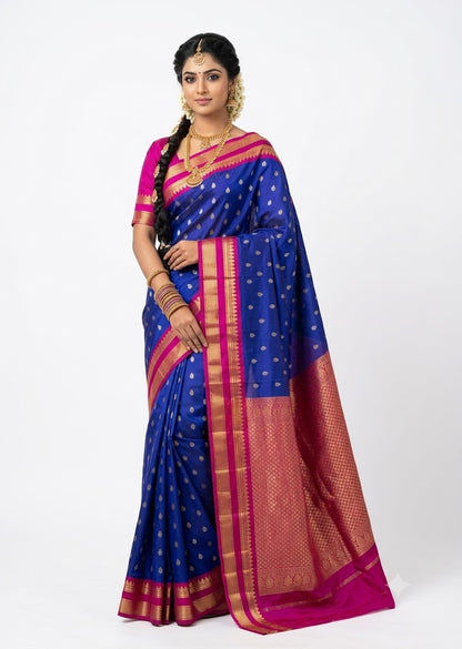 Royal Blue Gadwal Silk Saree with Pink Zari Pallu and Blouse