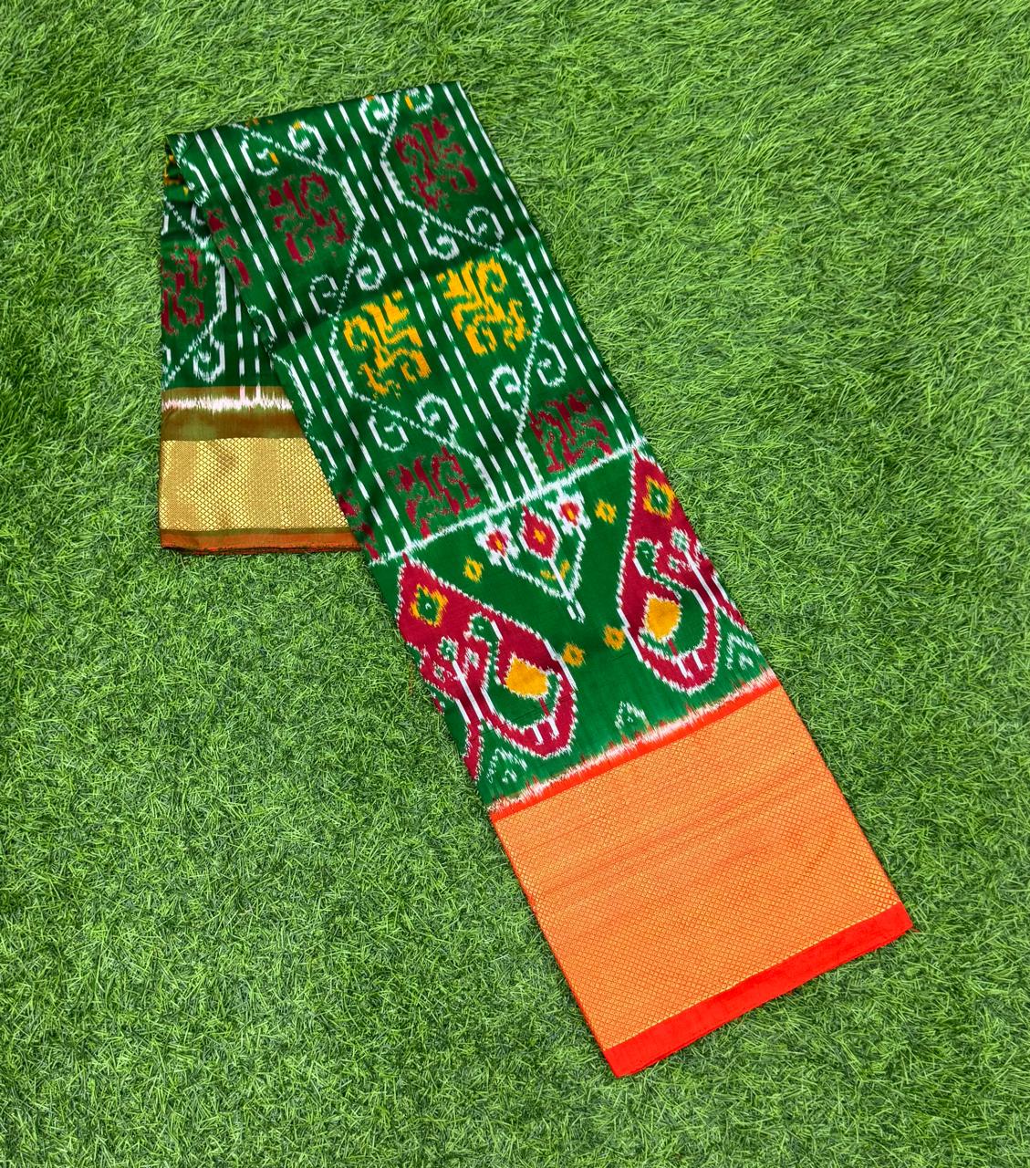 Green And Red Ikkat Silk Big Size Lehenga (8 Years to 50 Years)with silk mark