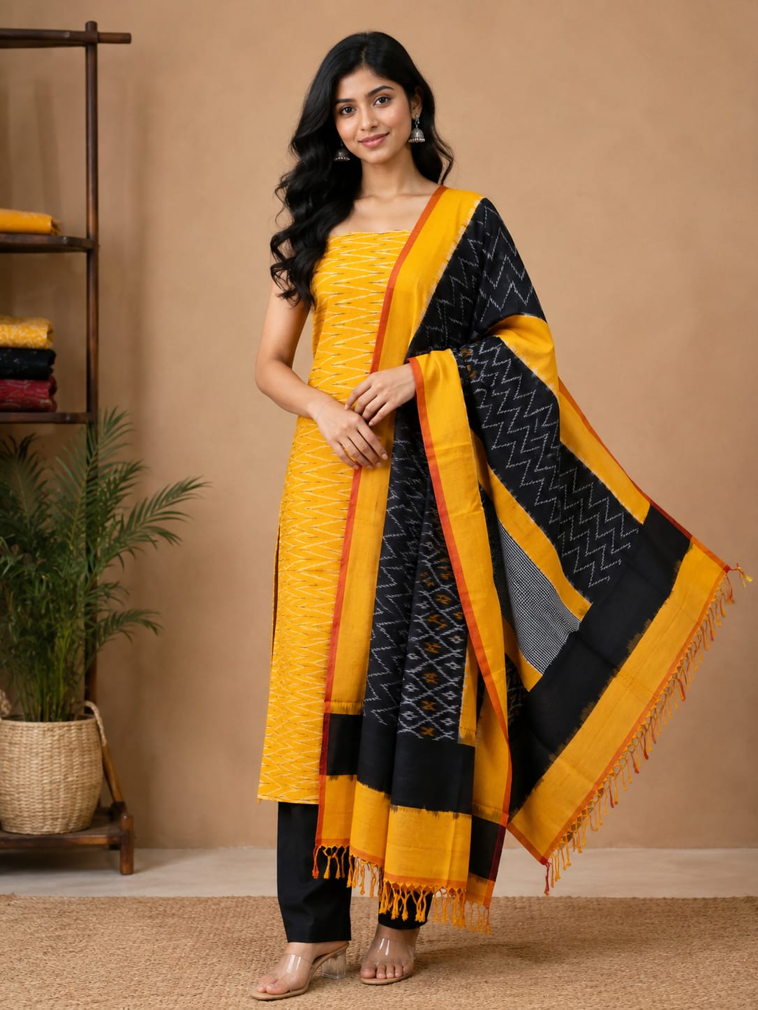 Mustard Yellow &amp; Charcoal Black Handloom Double Ikkat Cotton Dress Material Set with Geometric Pallu Dupatta