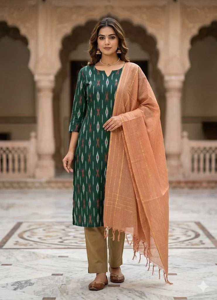 Pure Handloom Patola Ikat Deep Green and Terracotta Unstitched Suit Set - pochampallysarees.com