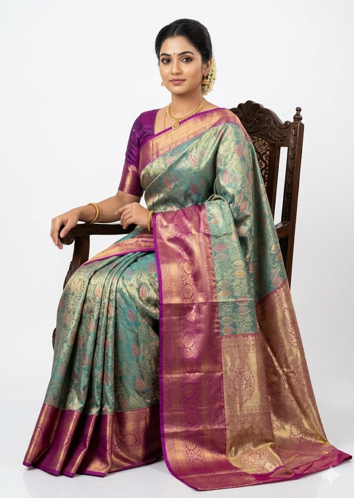 Authentic Pure Dharmavaram Silk Saree in Sea Green with Rich Magenta Border