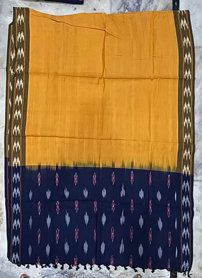 Pure Handloom Ikat Navy Blue and Orange Unstitched Suit Set