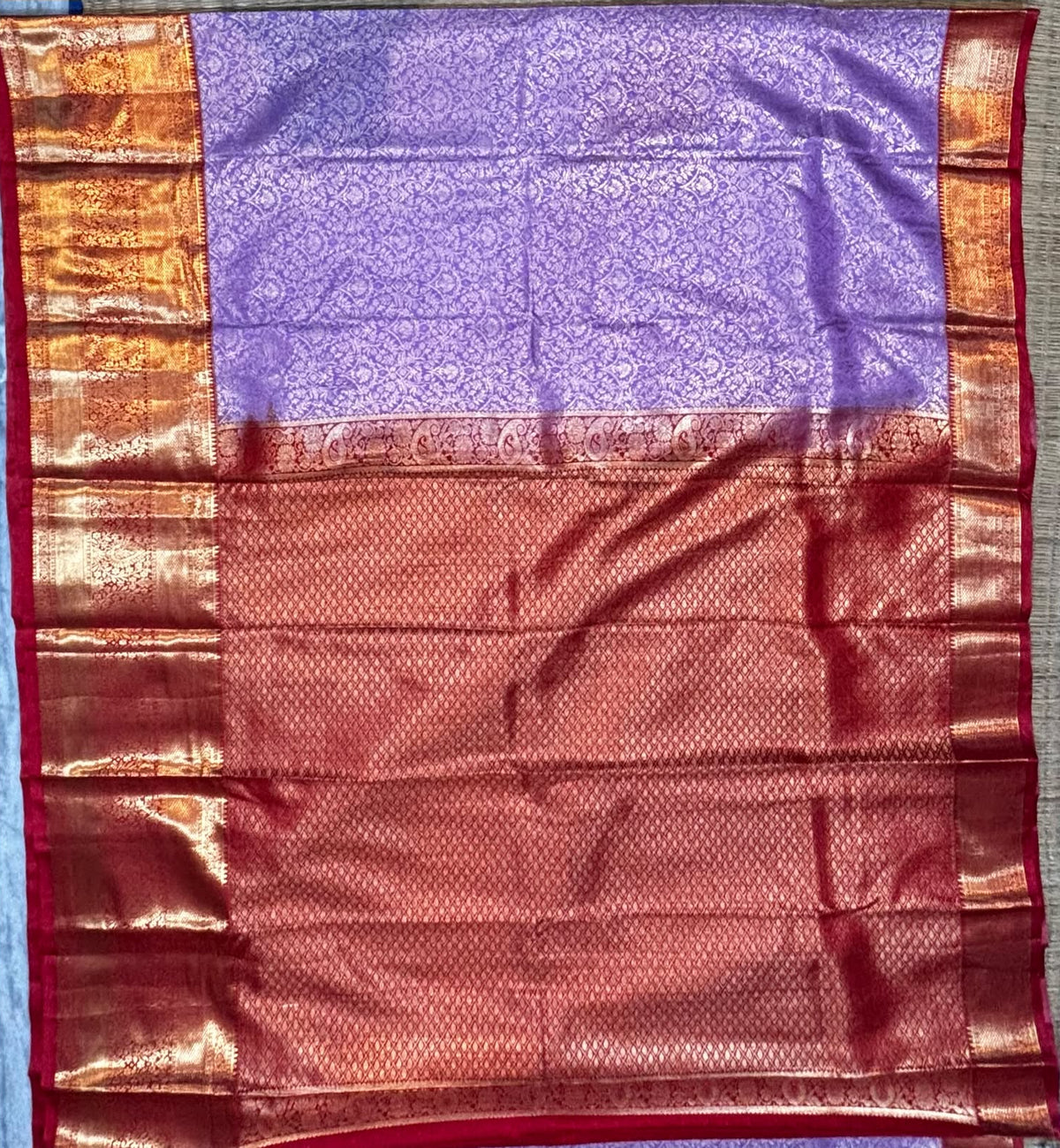 Beautiful Traditional Semi Dharmavaram Silk Saree in Lavender &amp; Red