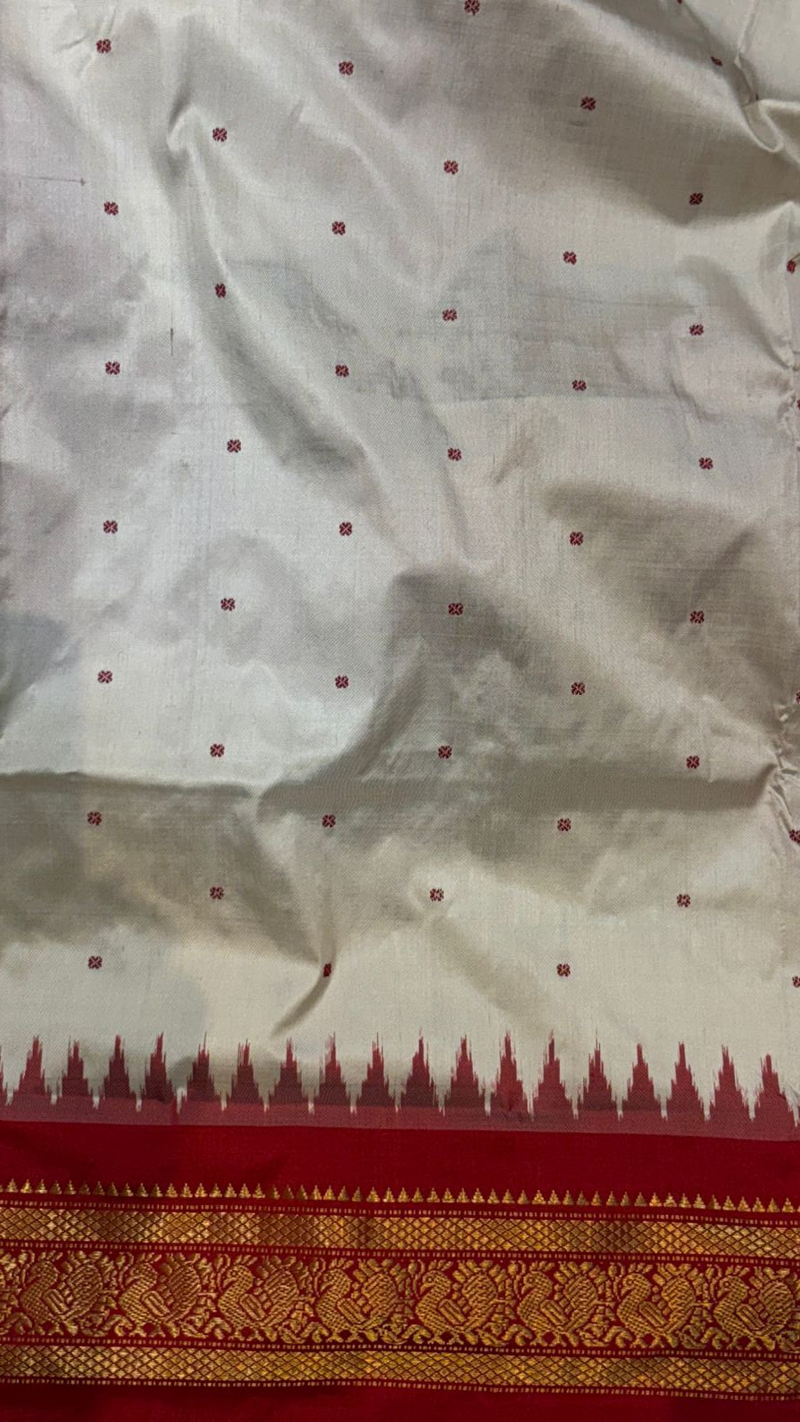 White Pochampally Ikkat Silk Saree with Red Zari Border