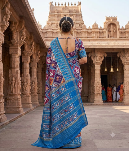 Royal Blue &amp; Maroon Patola-Inspired Ikat Silk Saree with Traditional Elephant Motifs - pochampallysarees.com