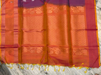 Elegant Royal Purple &amp; Orange Soft Silk Saree with Traditional Zari Work - pochampallysarees.com
