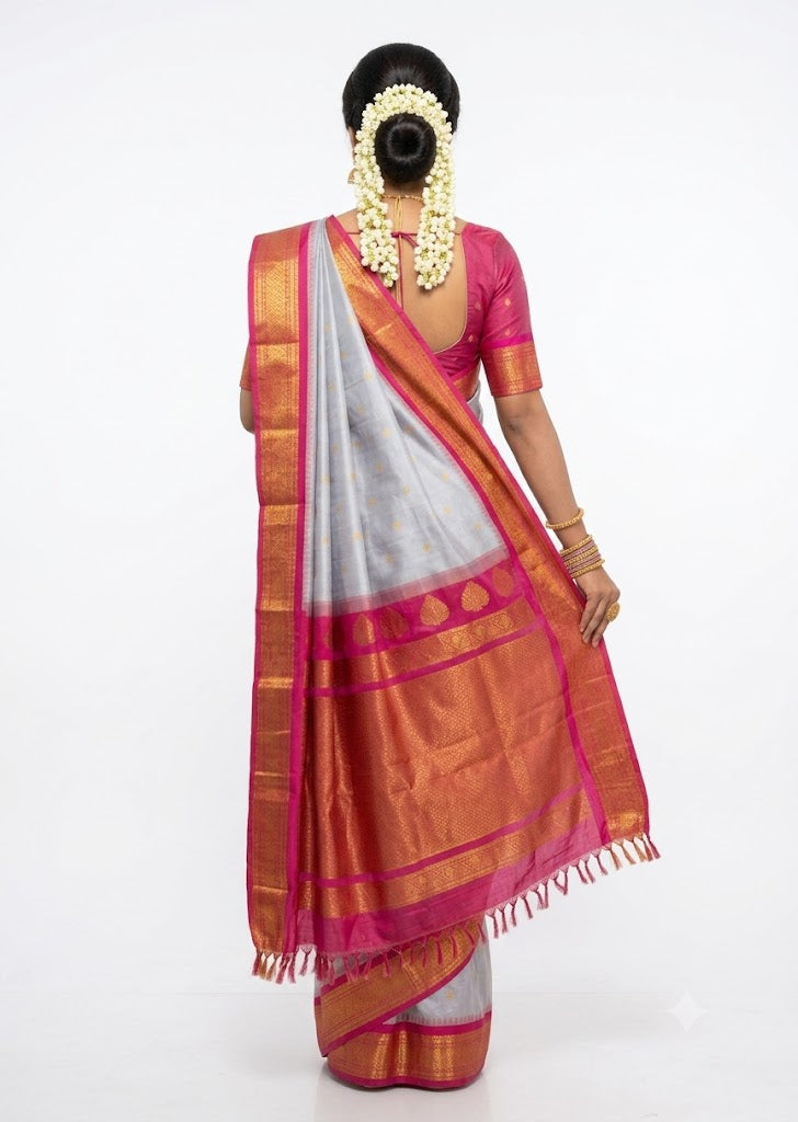 Pure Gadwal Silk Saree in Elegant Silvery Grey and Vibrant Deep Pink
