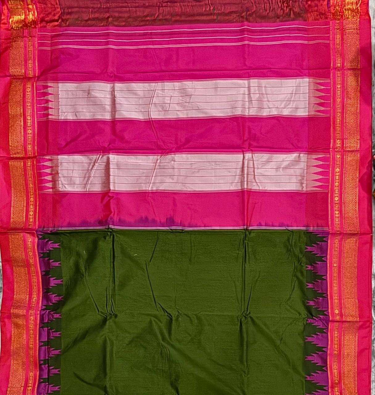 Olive Green Gadwal Silk Saree with Magenta Pink Pallu &amp; Temple Border