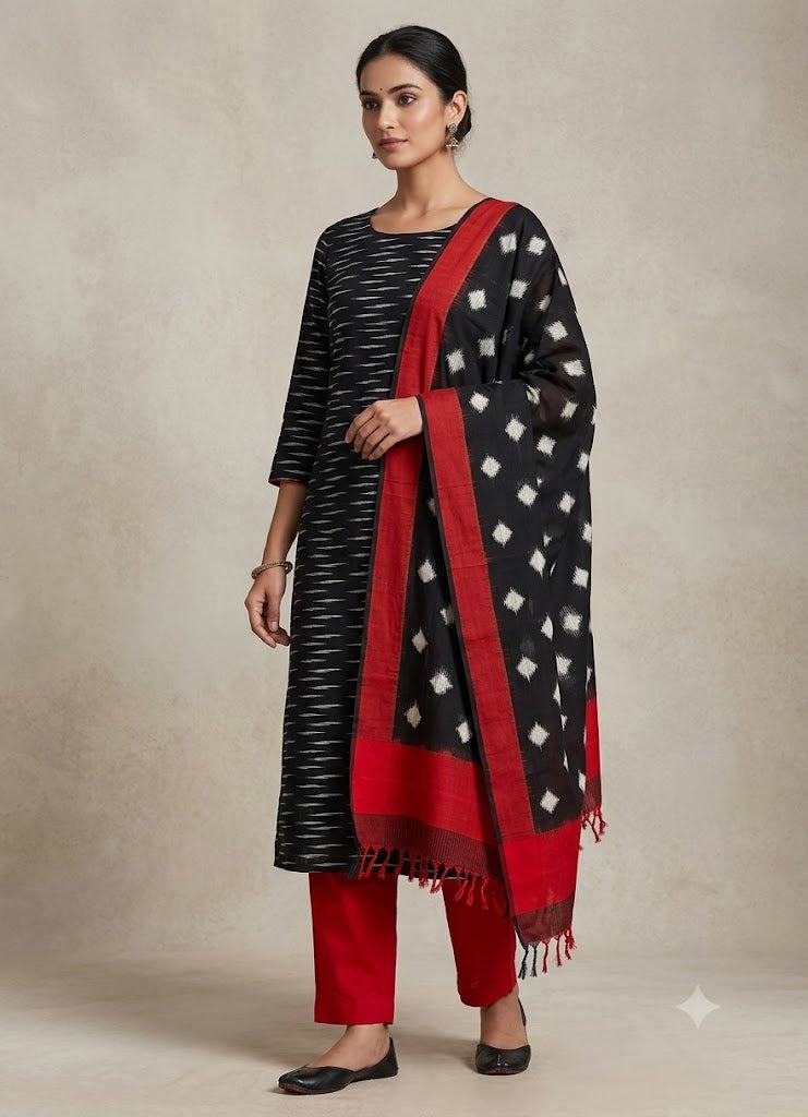 POCHAMPALLY IKKAT COTTON BLACK WITH RED COLOR DRESS MATERIAL - C22