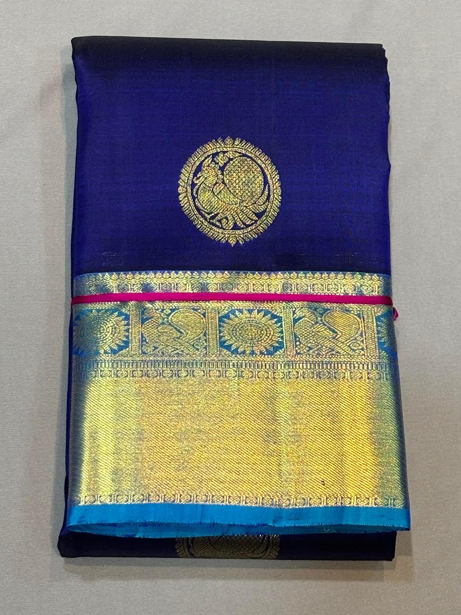 Royal Blue Pure Kanchipuram Silk Saree with Sky Blue Zari Pallu | Handwoven Kanchi Pattu - pochampallysarees.com