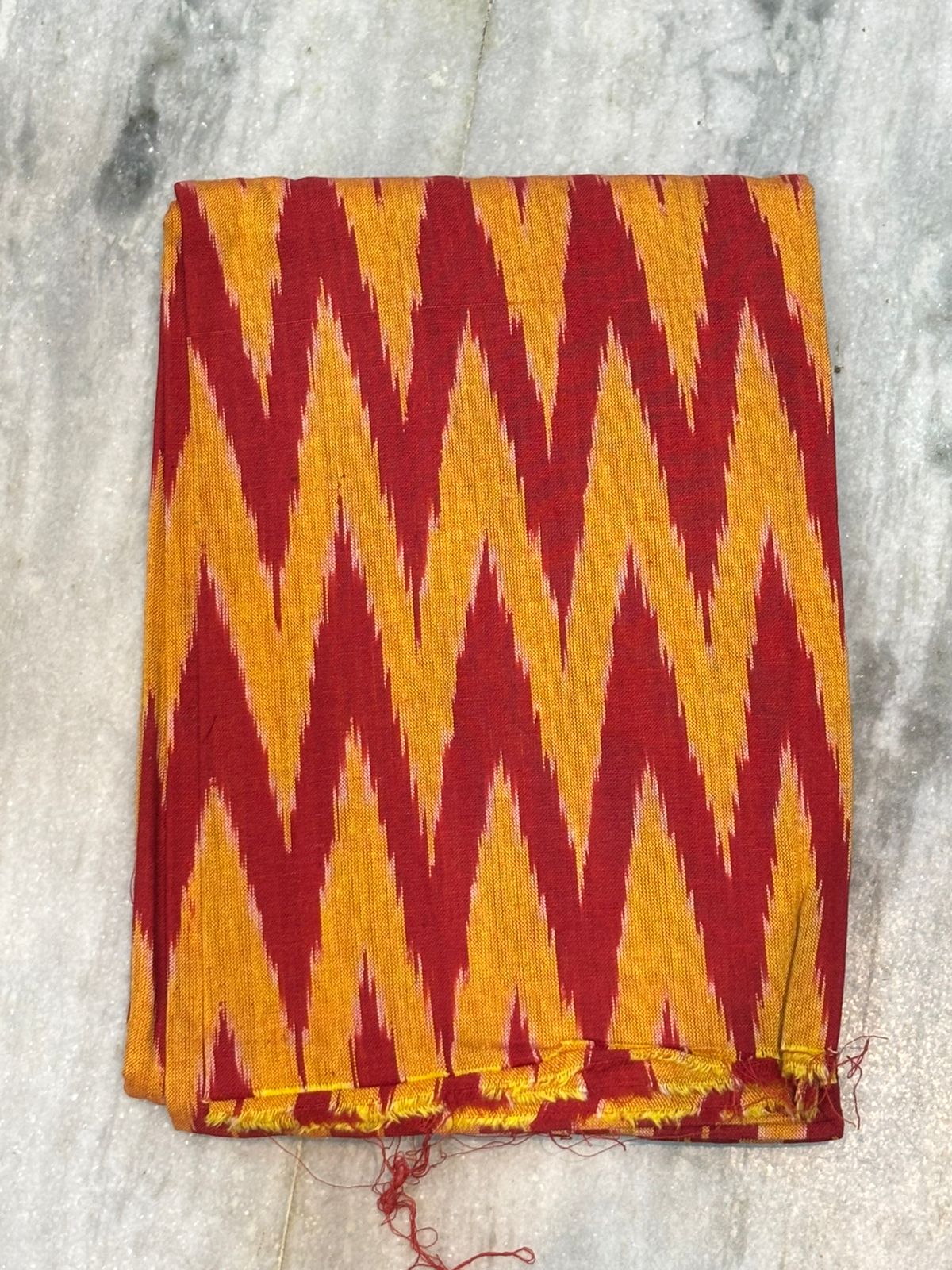 POCHAMPALLY DOUBLE IKAT COTTON RED WITH YELLOW COLOR DRESS MATERIAL-A09