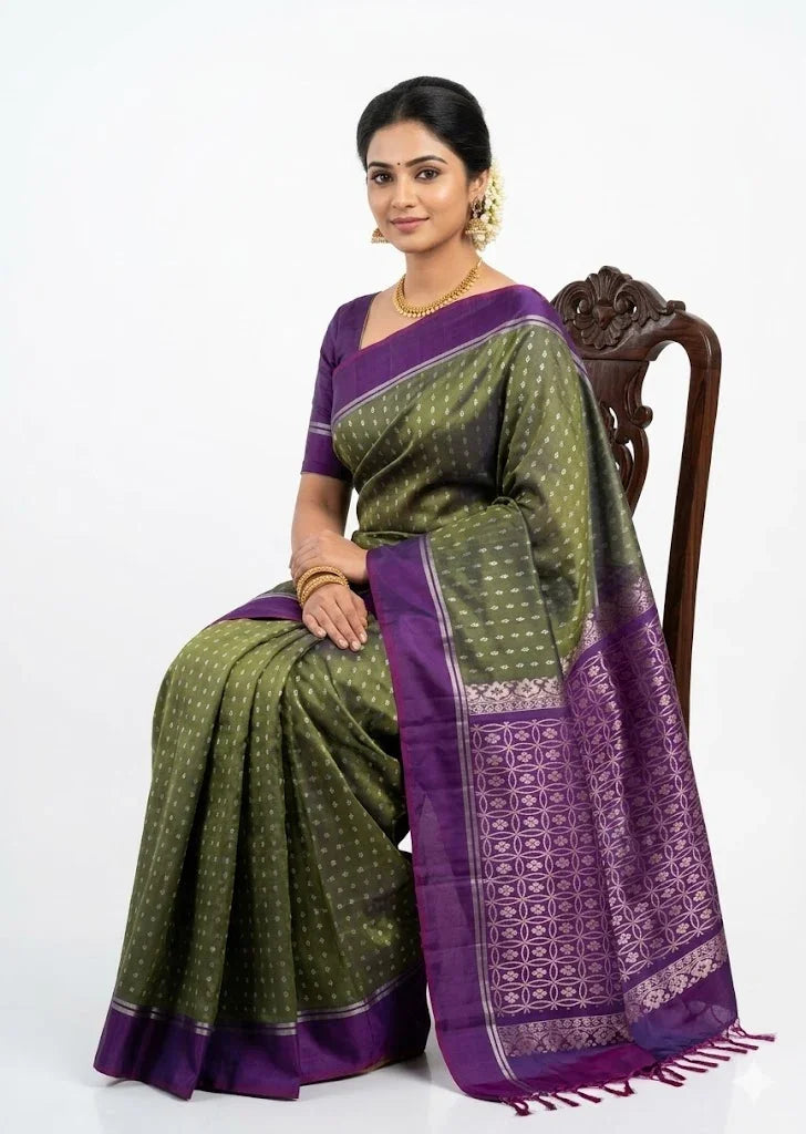 Elegant Olive Green Soft Silk Saree with Rich Purple Pallu - pochampallysarees.com