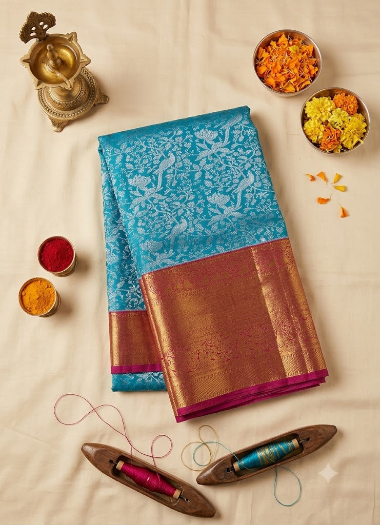 Ananda Blue Semi Dharmavaram Silk Saree with Mejenta Pink Rich Zari Pallu &amp; Border
