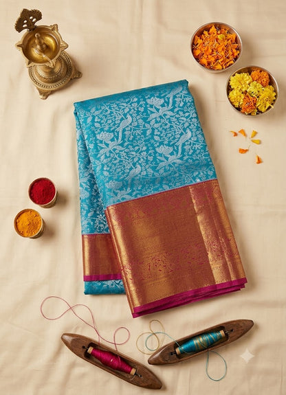 Ananda Blue Semi Dharmavaram Silk Saree with Mejenta Pink Rich Zari Pallu &amp; Border
