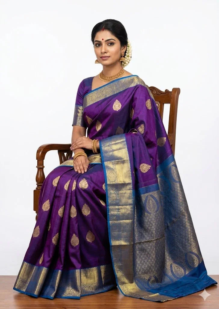 A beautiful Indian woman seated elegantly on a carved wooden chair, wearing a rich maroon pure Kanchipuram pattu saree adorned with gold circular motifs and a heavy, intricately woven gold zari border and pallu.