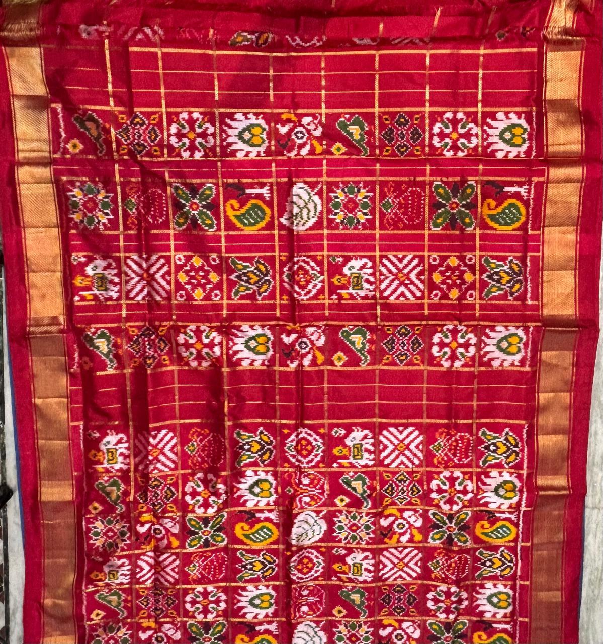Crimson Red Pure Silk Patola Saree with Royal Zari Border &amp; Traditional Ikat Weave