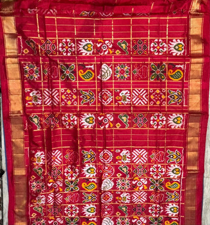 Crimson Red Pure Silk Patola Saree with Royal Zari Border &amp; Traditional Ikat Weave