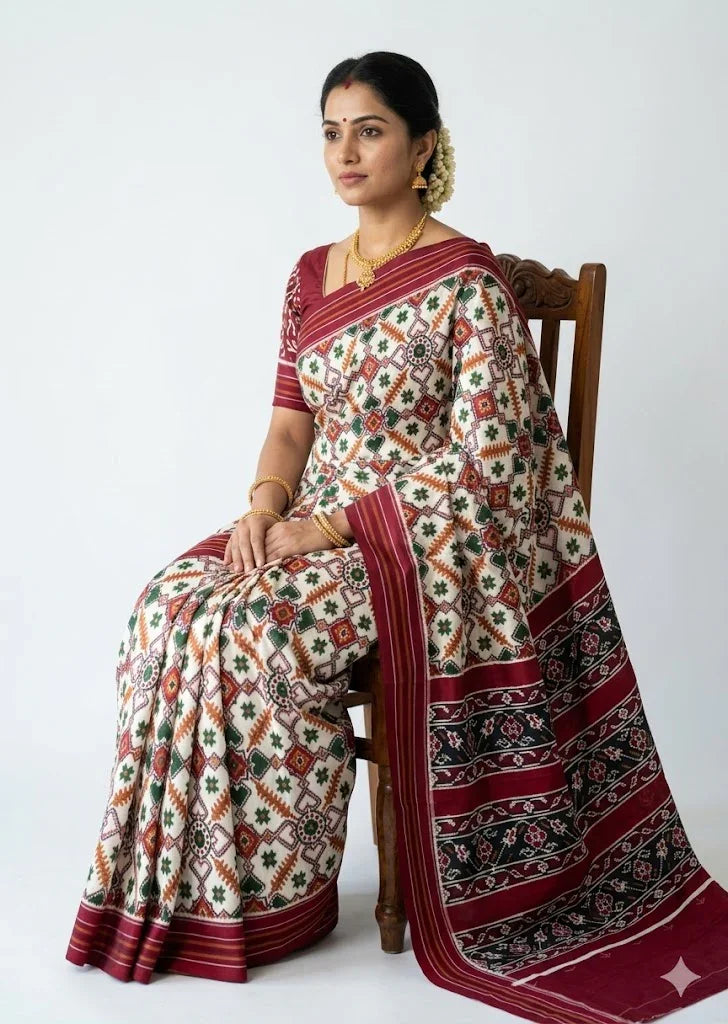 Authentic Pochampally Double Ikat Patola Silk Saree - White &amp; Maroon - pochampallysarees.com