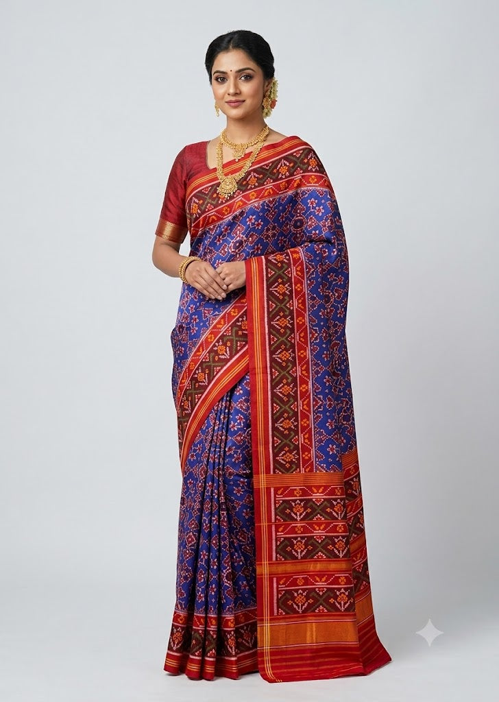 Authentic Blue &amp; Red Pure Real Patola Silk Saree with Traditional Motifs