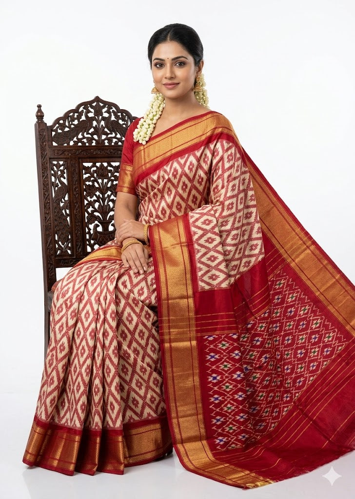 Elegant Red and Cream Pure Ikat Silk Saree with Rich Gold Zari Border