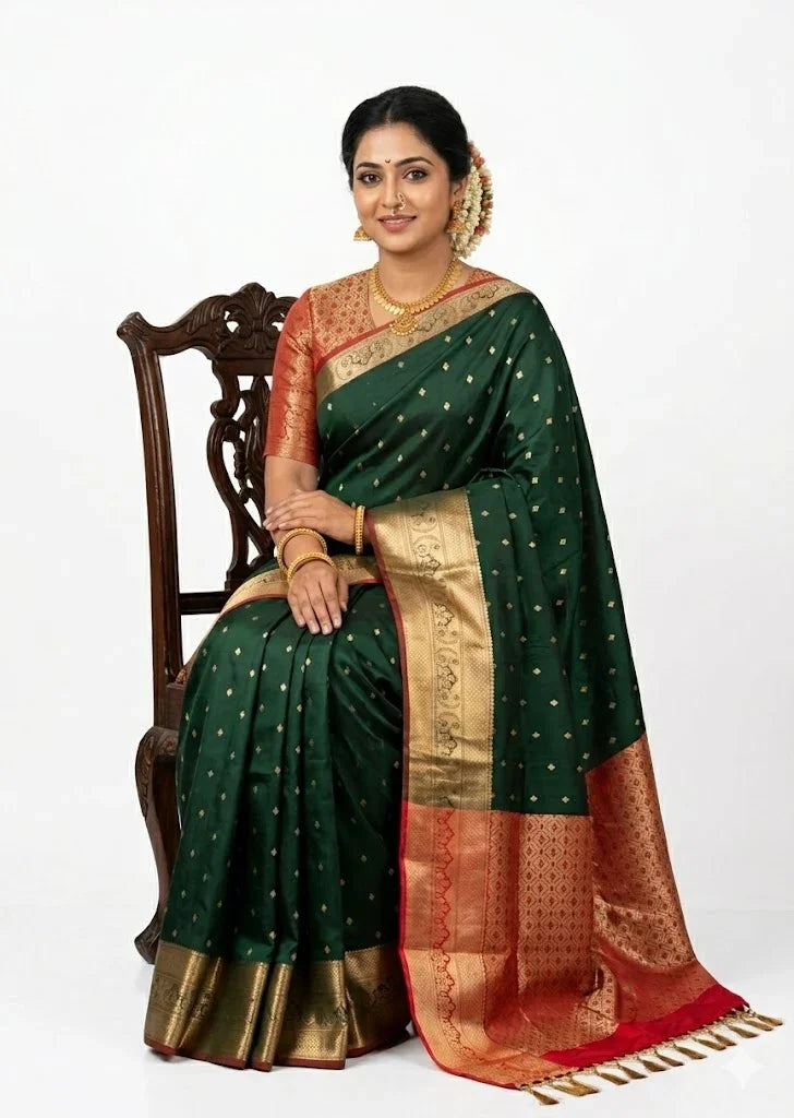 Stunning Bottle Green Dharmavaram Pattu Saree with Contrast Red Pallu - pochampallysarees.com