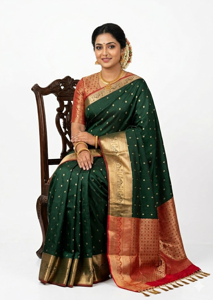 Stunning Bottle Green Dharmavaram Pattu Saree with Contrast Red Pallu