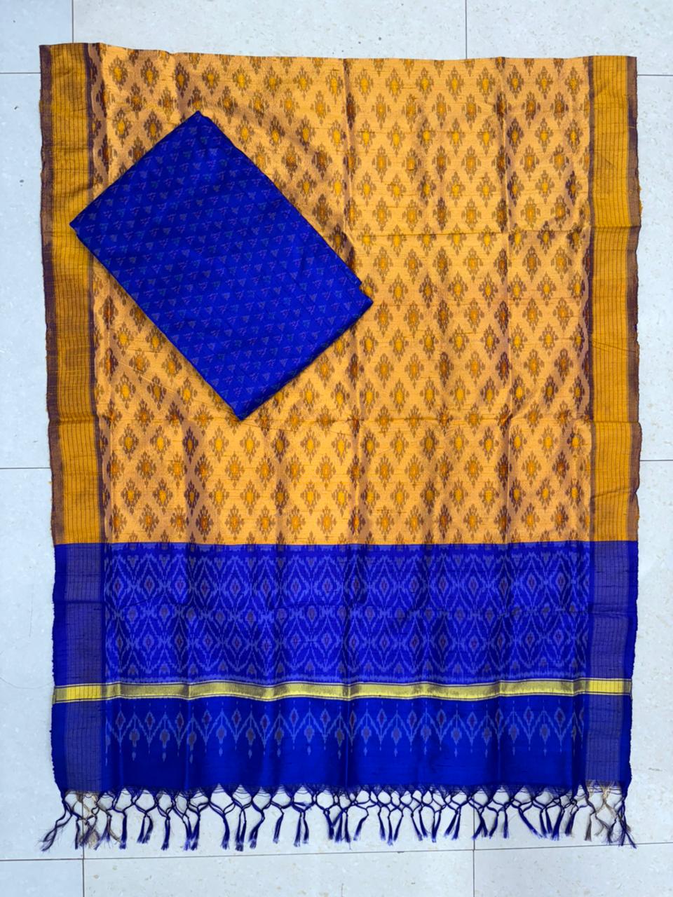 Latest Ikkat Silk Dress Material: Yellow &amp; Blue Pochampally Salwar Suit