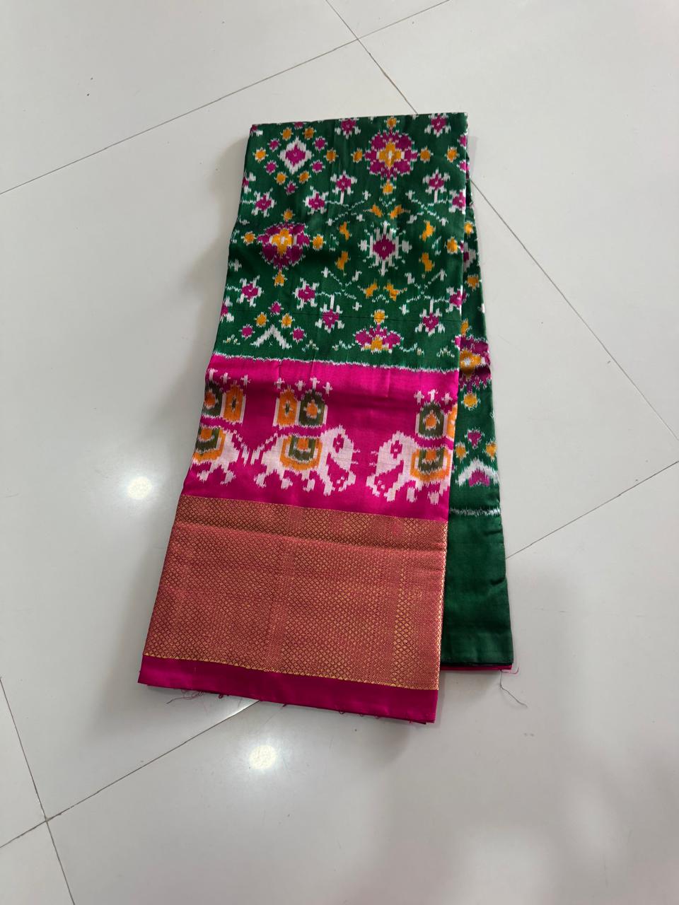 Green and Pink Ikkat Silk Big Size Lehenga (8 Years to 50 Years)with silk mark