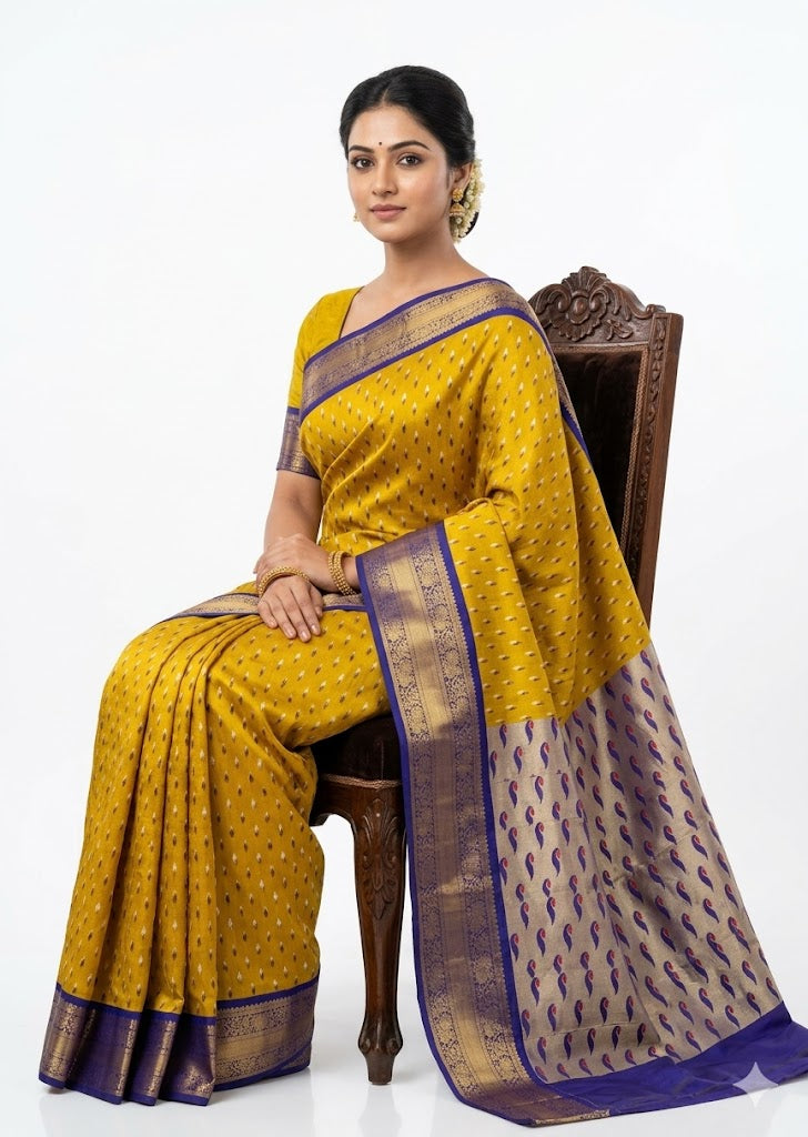 Mustard Yellow Silk Saree with Contrasting Royal Blue & Gold Zari Pallu