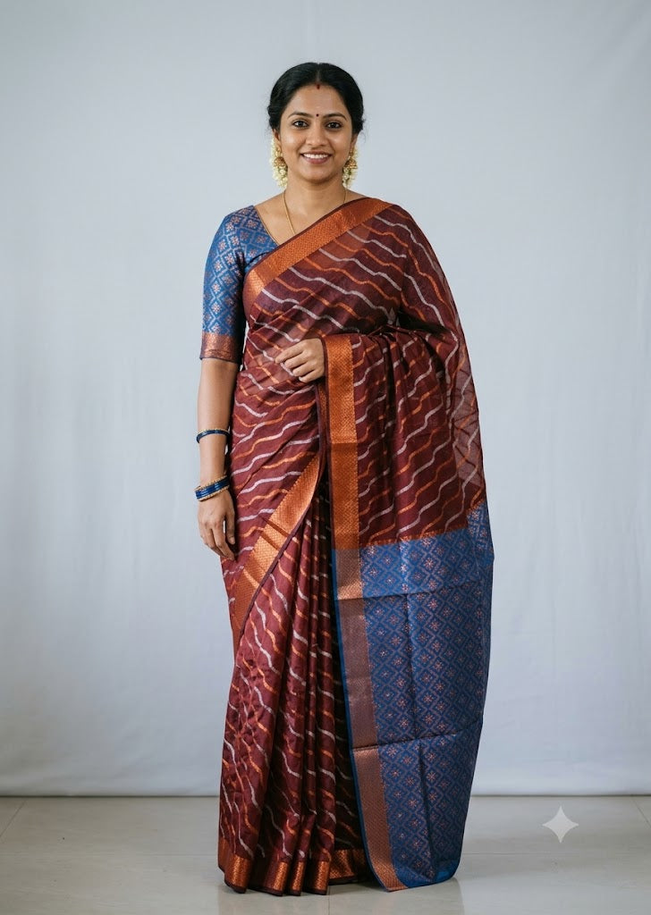 Deep Maroon and Royal Blue Kuppadam Pattu Saree with Wave Zari Weave