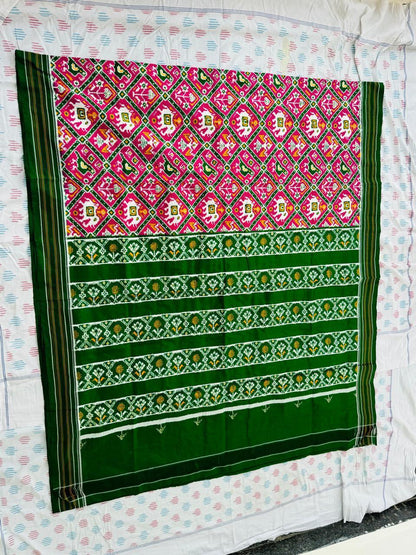 Authentic Pure Pochampally Double Ikat Patola Silk Saree - Pink &amp; Green - pochampallysarees.com