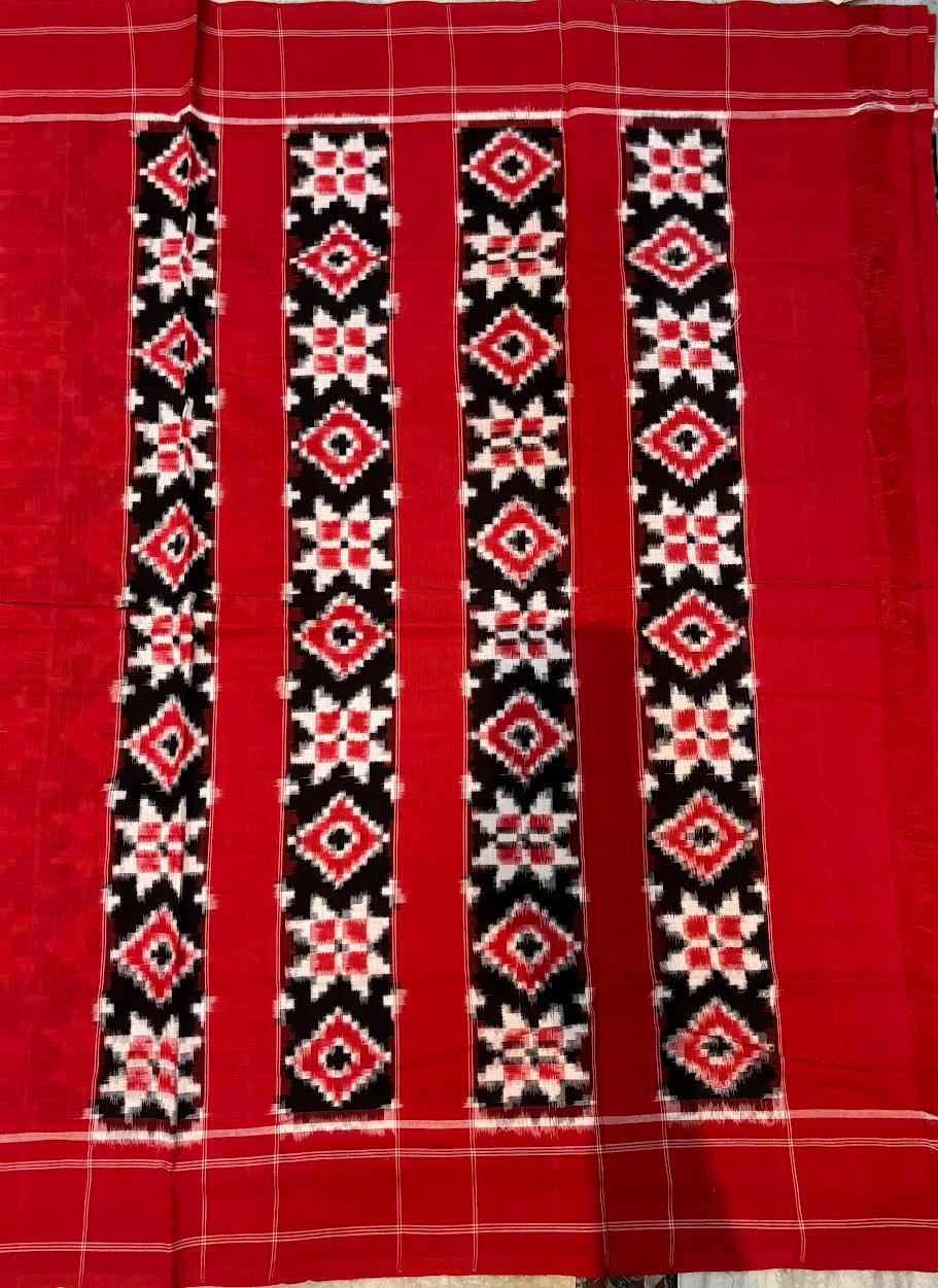 TELIA RUMAL DOUBLE IKKAT COTTON BLACK RED SAREE - pochampallysarees.com