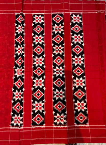 TELIA RUMAL DOUBLE IKKAT COTTON BLACK RED SAREE - pochampallysarees.com