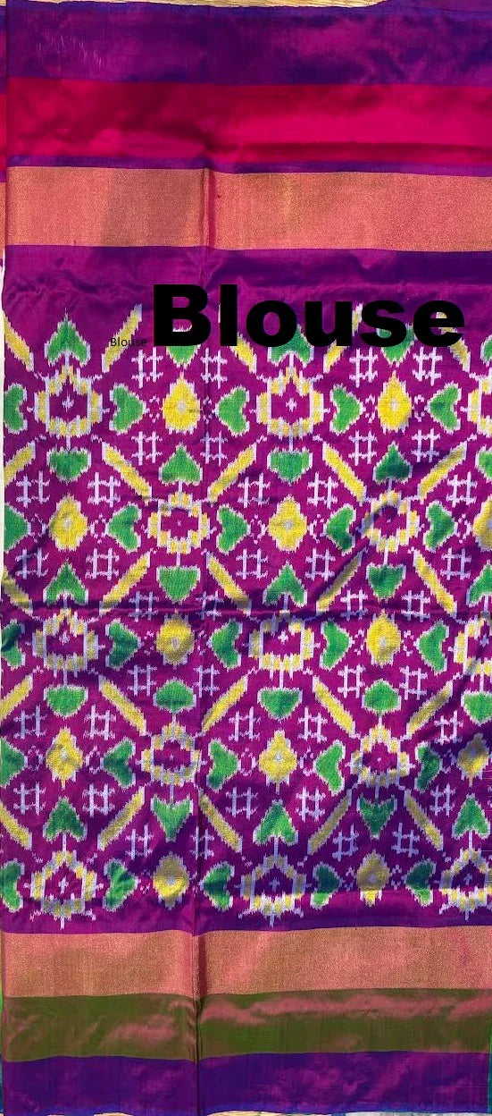 POCHAMPALLY IKKAT SILK MIDDLE CREAM ONE GANGA JAMUNA TISSUE BORDER PINK AND ONE BORDER GREEN PALLU AND BLOUSE SAME AS IKKAT DESIGN - pochampallysarees.com