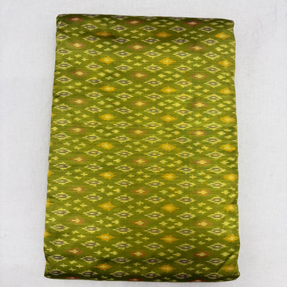 Pure Silk Handwoven Ikat Fabric with Silk Mark Certification – Earthy Olive Green with Mustard &amp; Amber Rust Motifs