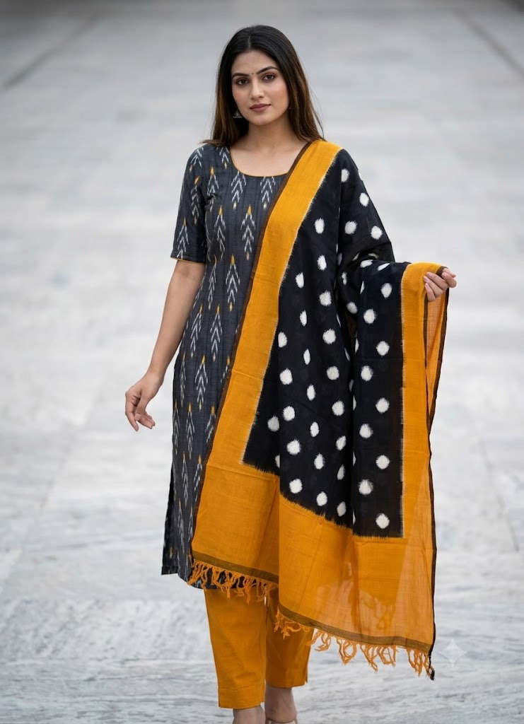 DOUBLE IKAT BLACK WITH YELLOW COLOR DRESS MATERIAL-B11