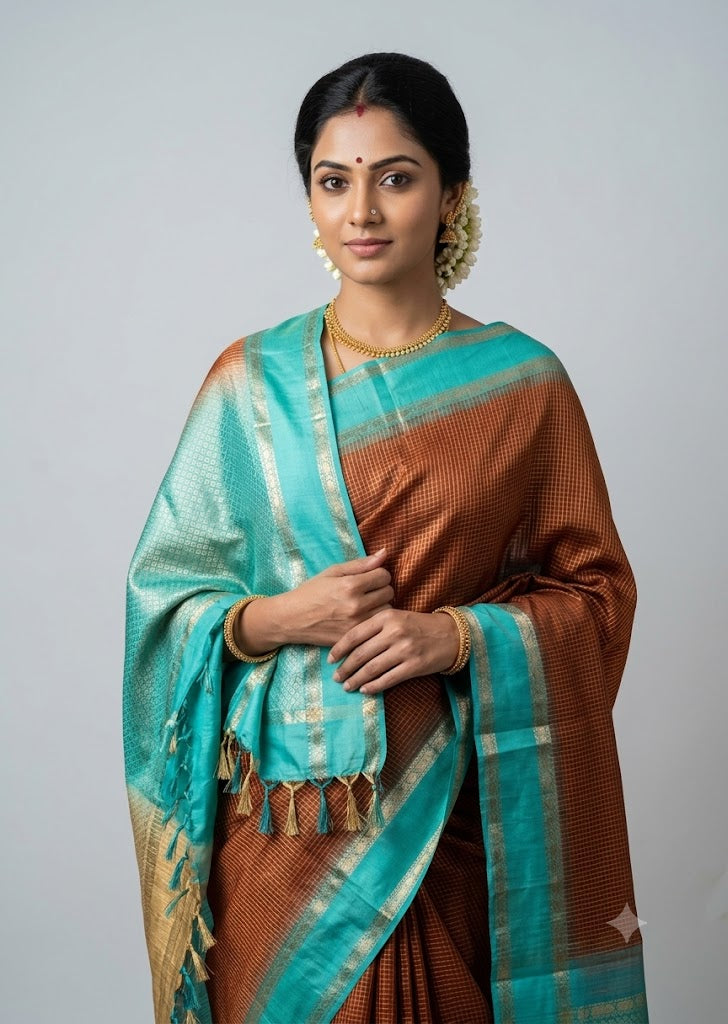 Rust Brown and Turquoise Zari Woven Silk Saree With Silk Mark