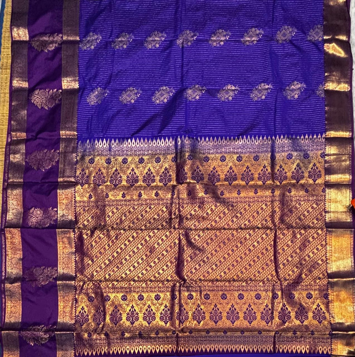 Royal Blue &amp; Deep Purple Semi Dharmavaram Silk Saree with Zari Stripes and Brocade Pallu